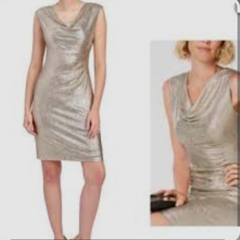 Lauren Ralph Lauren Dress Womens 8 Gold Metallic Cowl Neck Sheath Cocktail